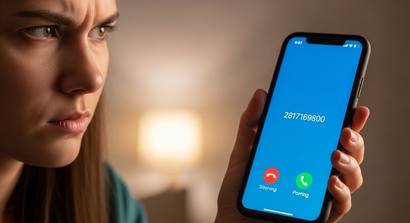 A person looking suspiciously at their smartphone screen showing an incoming call from 2817169800